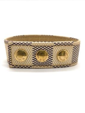 Authentic Louis Vuitton Beige Navy Checkered Canvas Bracelet with Gold Buttons